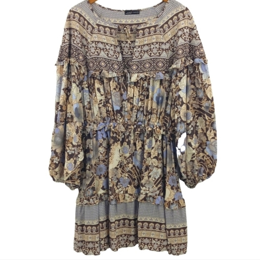 LANCE CADE Boho Ruffle Trim Balloon Sleeved Tie Front Mixed Print Dress Large